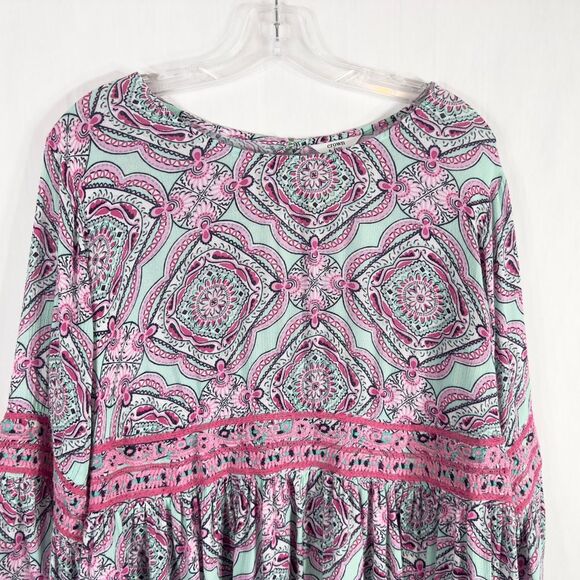 Crown Ivy Plus Size 0X Top Pink Green Peplum Hem Embroidered Bell Sleeves 1228 - Picture 5 of 9